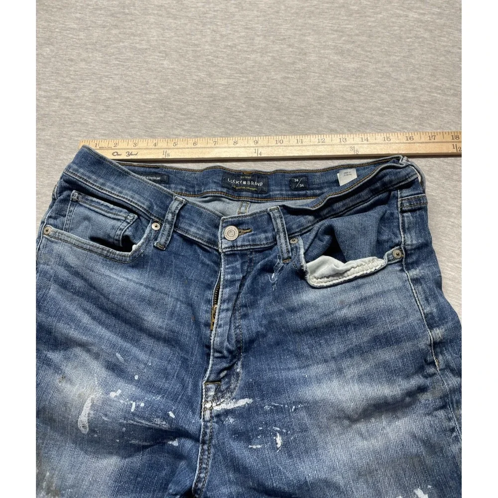 Lucky Brand Jeans Men 34x34 Blue Splatter Paint Denim Athletic Slit Straight Leg